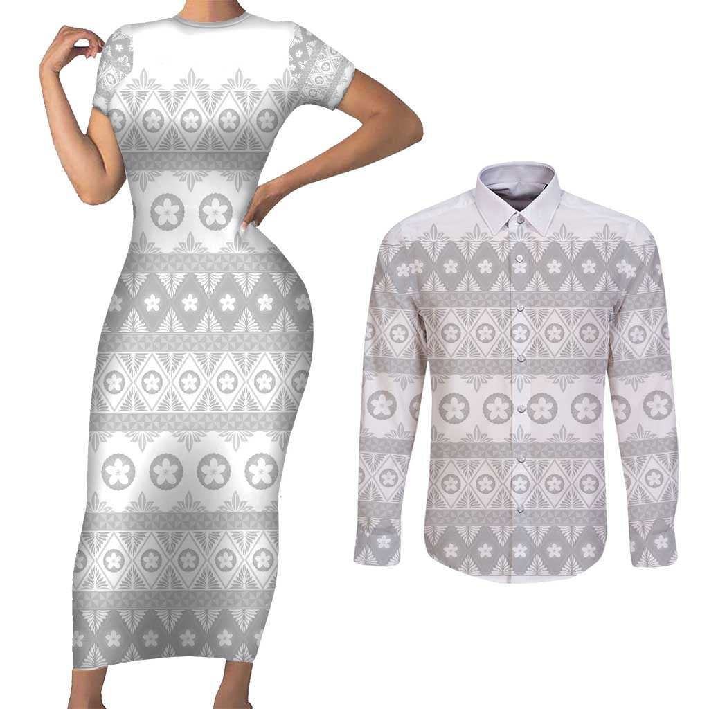 Tonga White Sunday Couples Matching Short Sleeve Bodycon Dress and Long Sleeve Button Shirt Tongan Ngatu Siale Pattern LT05 White - Polynesian Pride