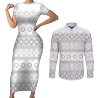 Tonga White Sunday Couples Matching Short Sleeve Bodycon Dress and Long Sleeve Button Shirt Tongan Ngatu Siale Pattern LT05 White - Polynesian Pride