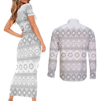 Tonga White Sunday Couples Matching Short Sleeve Bodycon Dress and Long Sleeve Button Shirt Tongan Ngatu Siale Pattern LT05 - Polynesian Pride
