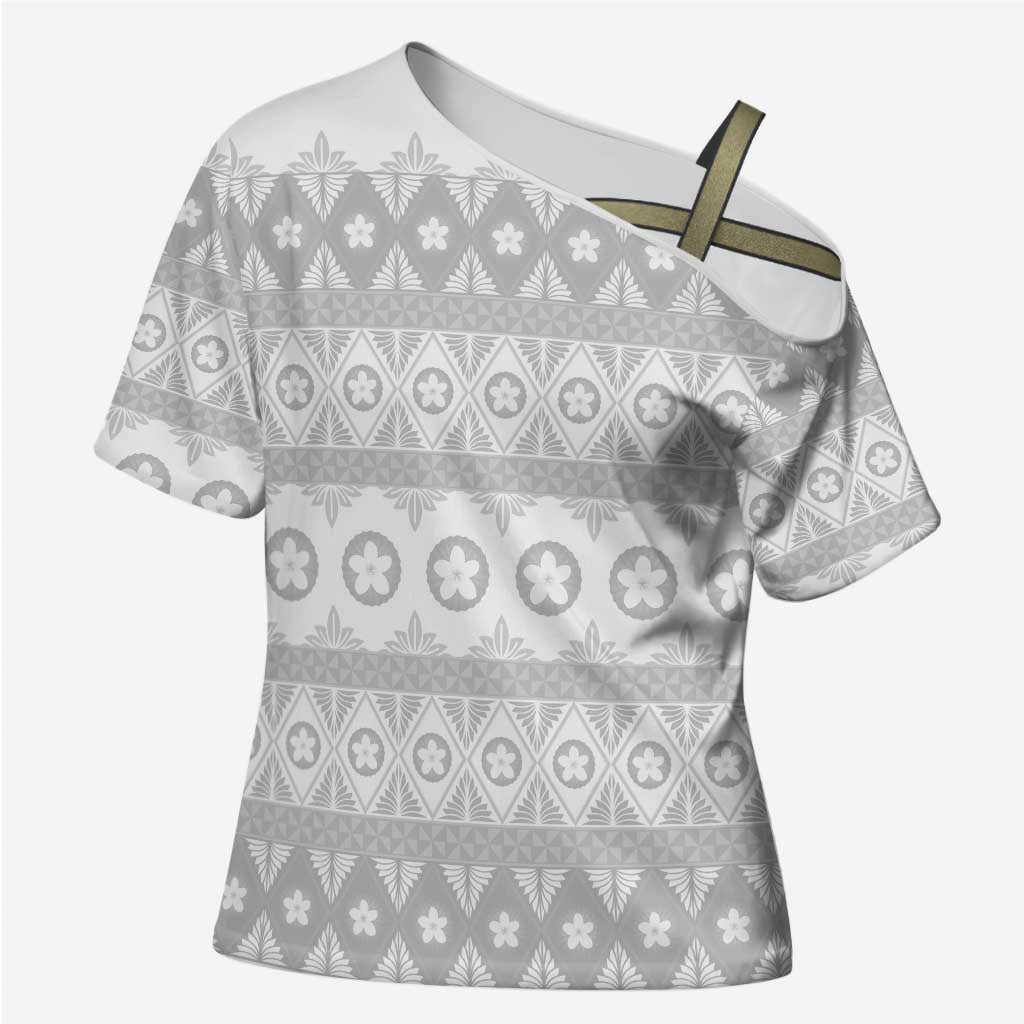 Tonga White Sunday Cross Shoulder Shirt Tongan Ngatu Siale Pattern LT05 Female White - Polynesian Pride