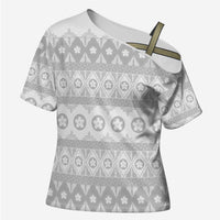 Tonga White Sunday Cross Shoulder Shirt Tongan Ngatu Siale Pattern LT05 Female White - Polynesian Pride