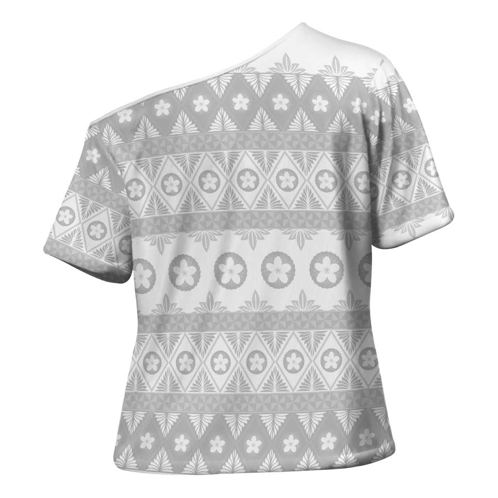 Tonga White Sunday Cross Shoulder Shirt Tongan Ngatu Siale Pattern LT05 - Polynesian Pride