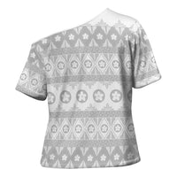 Tonga White Sunday Cross Shoulder Shirt Tongan Ngatu Siale Pattern LT05 - Polynesian Pride