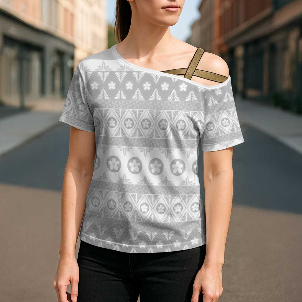Tonga White Sunday Cross Shoulder Shirt Tongan Ngatu Siale Pattern LT05 - Polynesian Pride
