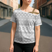 Tonga White Sunday Cross Shoulder Shirt Tongan Ngatu Siale Pattern LT05 - Polynesian Pride