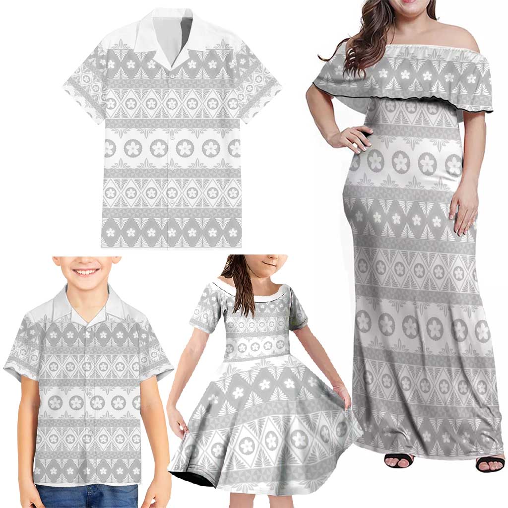 Tonga White Sunday Family Matching Off Shoulder Maxi Dress and Hawaiian Shirt Tongan Ngatu Siale Pattern - Polynesian Pride