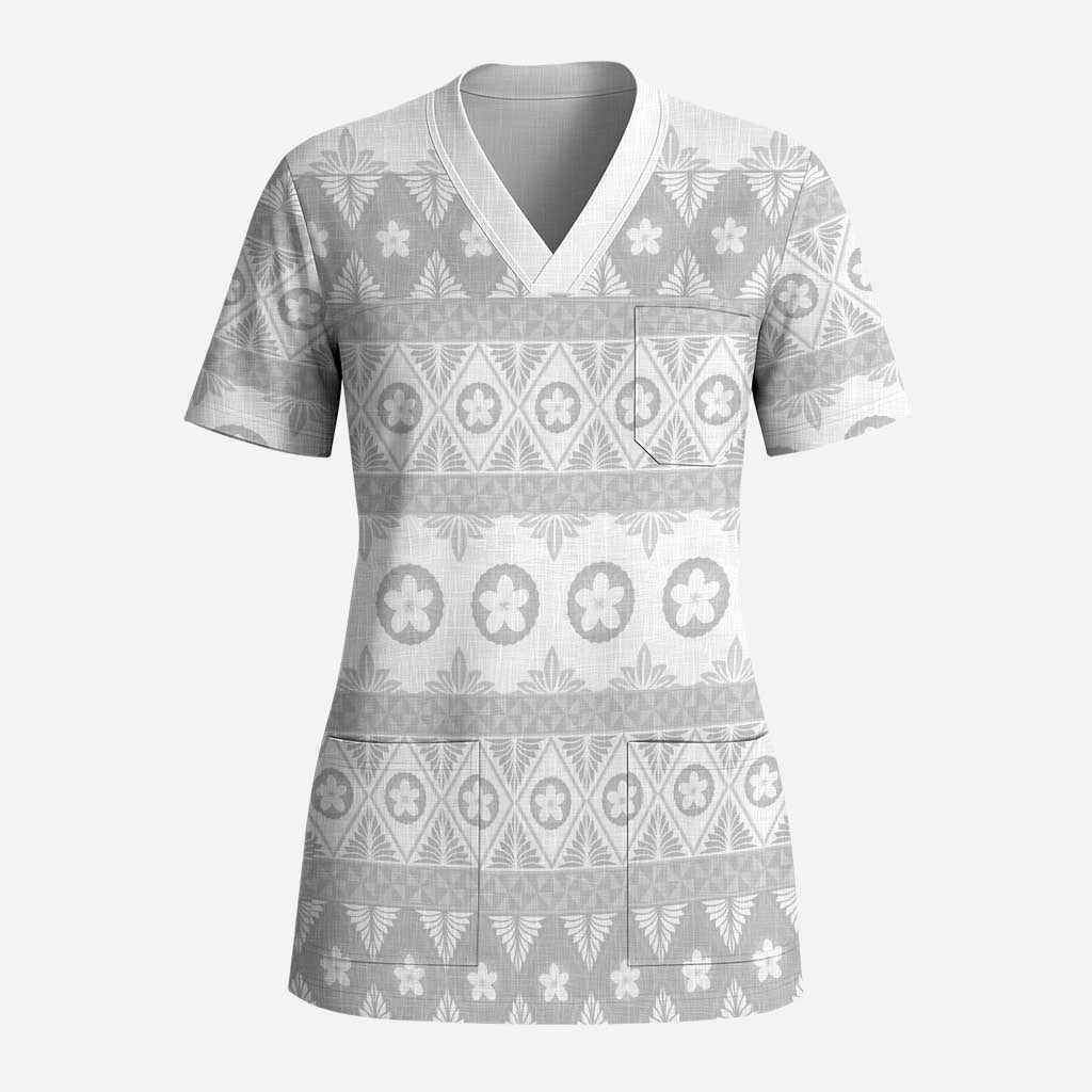 Tonga White Sunday Scrub Top Tongan Ngatu Siale Pattern LT05 Adult White - Polynesian Pride
