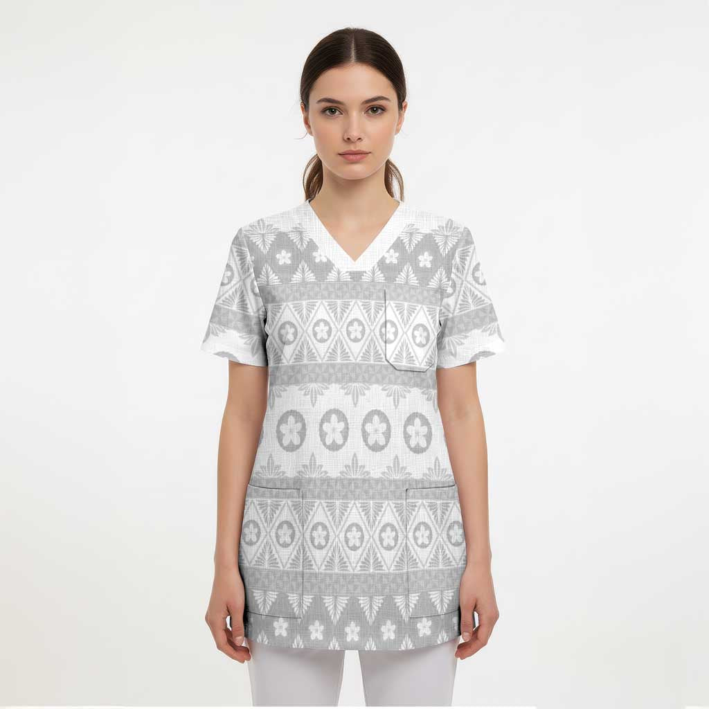 Tonga White Sunday Scrub Top Tongan Ngatu Siale Pattern LT05 - Polynesian Pride