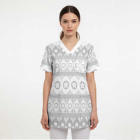 Tonga White Sunday Scrub Top Tongan Ngatu Siale Pattern LT05 - Polynesian Pride