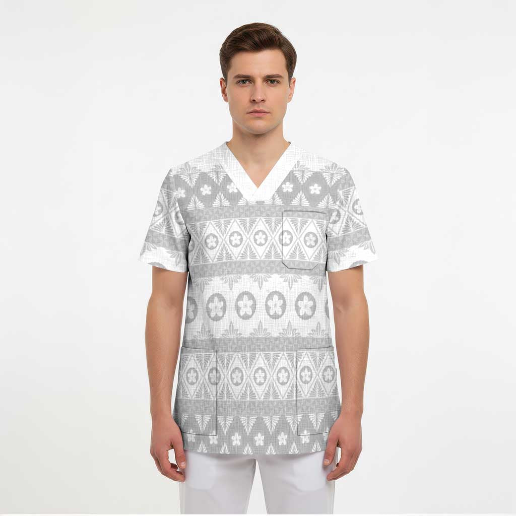 Tonga White Sunday Scrub Top Tongan Ngatu Siale Pattern LT05 - Polynesian Pride