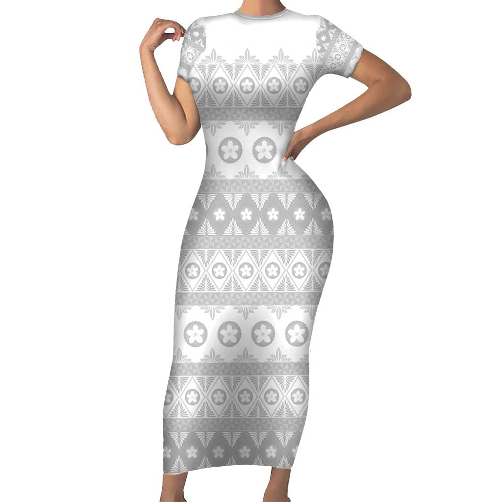 Tonga White Sunday Short Sleeve Bodycon Dress Tongan Ngatu Siale Pattern - Polynesian Pride