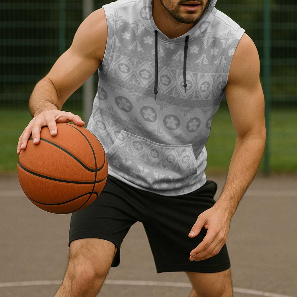 Tonga White Sunday Sleeveless Hoodie Tongan Ngatu Siale Pattern - Polynesian Pride