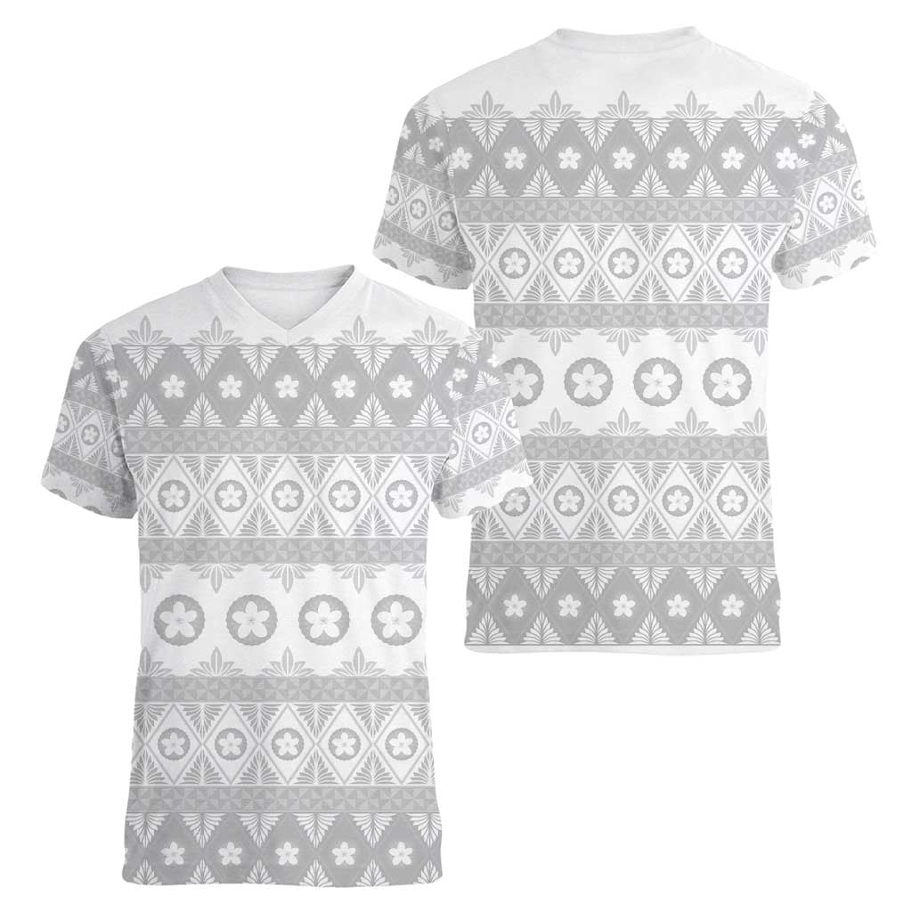 Tonga White Sunday Women V-Neck T-Shirt Tongan Ngatu Siale Pattern - Polynesian Pride