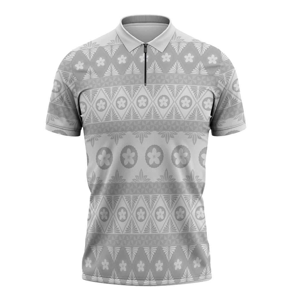 Tonga White Sunday Zipper Polo Shirt Tongan Ngatu Siale Pattern LT05 White - Polynesian Pride