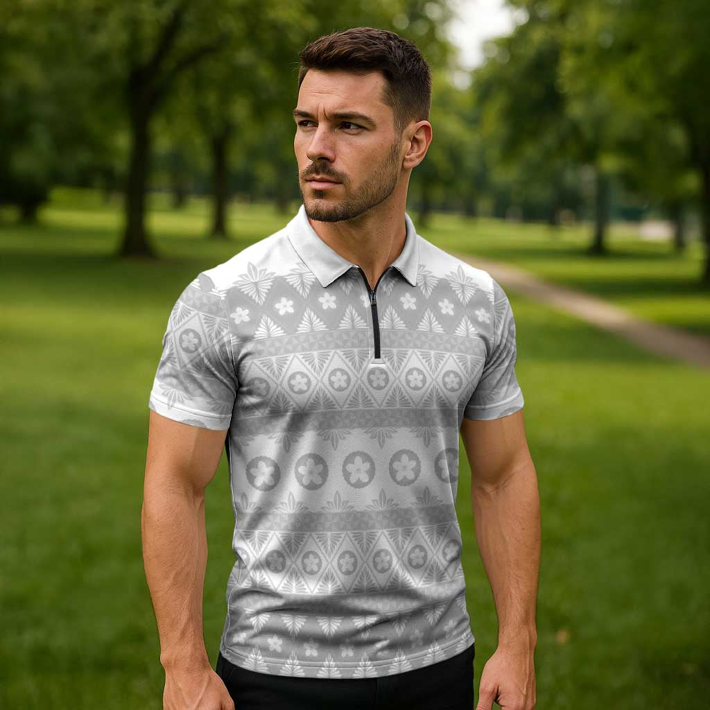 Tonga White Sunday Zipper Polo Shirt Tongan Ngatu Siale Pattern LT05 - Polynesian Pride