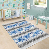 Samoa White Sunday Area Rug Samoan Tapa Blue Hibiscus - Polynesian Pride