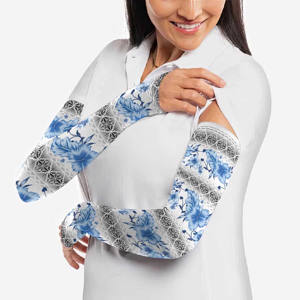 Samoa White Sunday Arm Sleeves Samoan Tapa Blue Hibiscus LT05 - Polynesian Pride