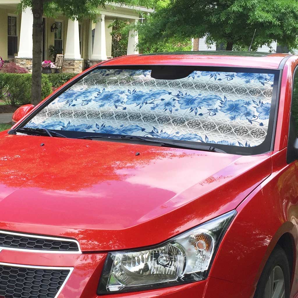 Samoa White Sunday Auto Sun Shade Samoan Tapa Blue Hibiscus - Polynesian Pride