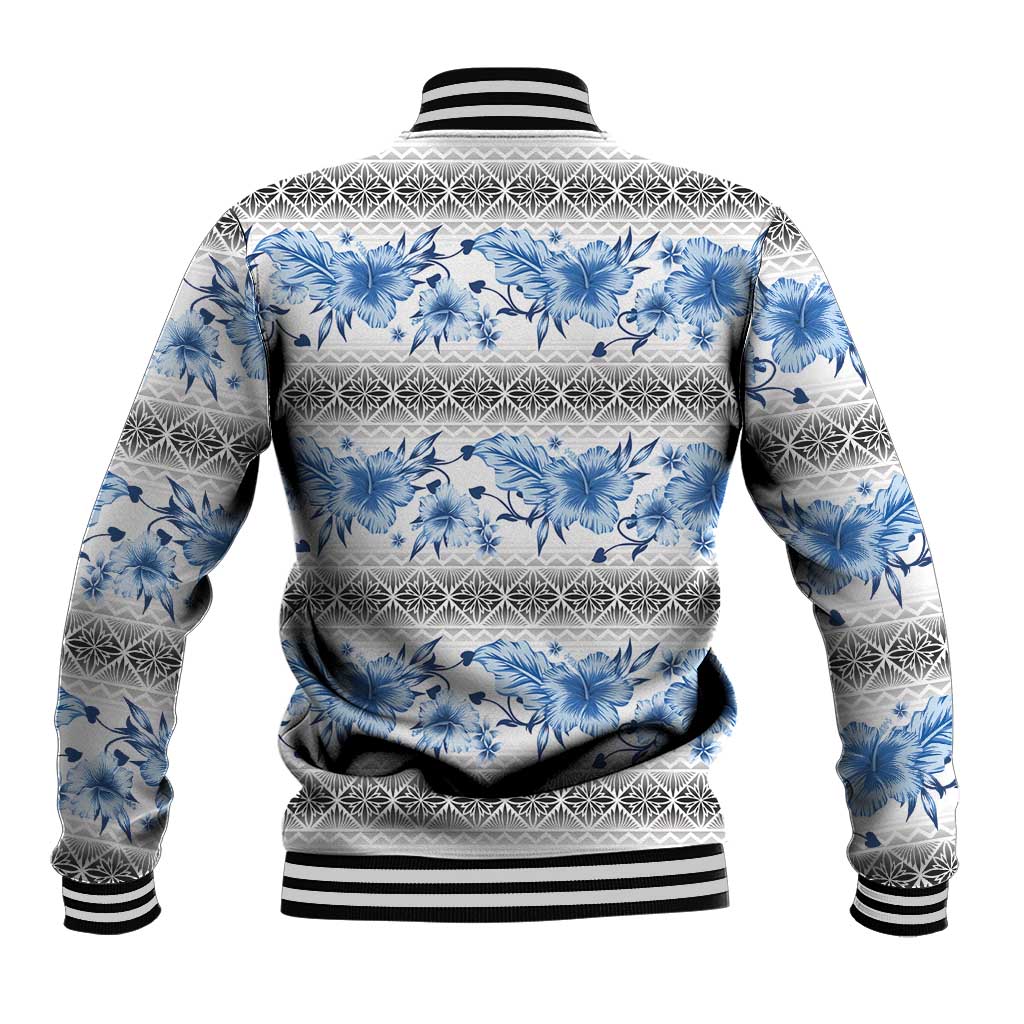 Samoa White Sunday Baseball Jacket Samoan Tapa Blue Hibiscus - Polynesian Pride