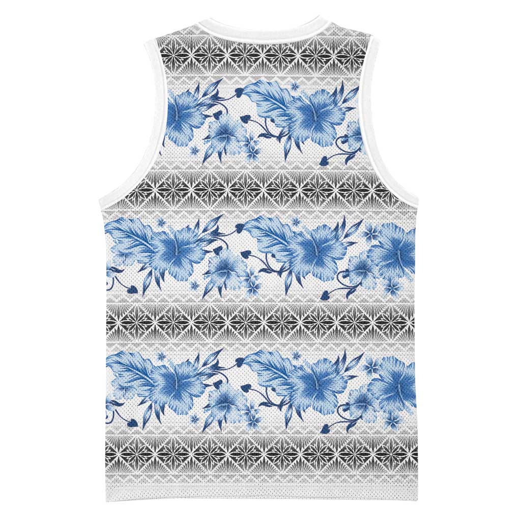 Samoa White Sunday Basketball Jersey Samoan Tapa Blue Hibiscus LT05 - Polynesian Pride