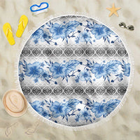 Samoa White Sunday Beach Blanket Samoan Tapa Blue Hibiscus - Polynesian Pride