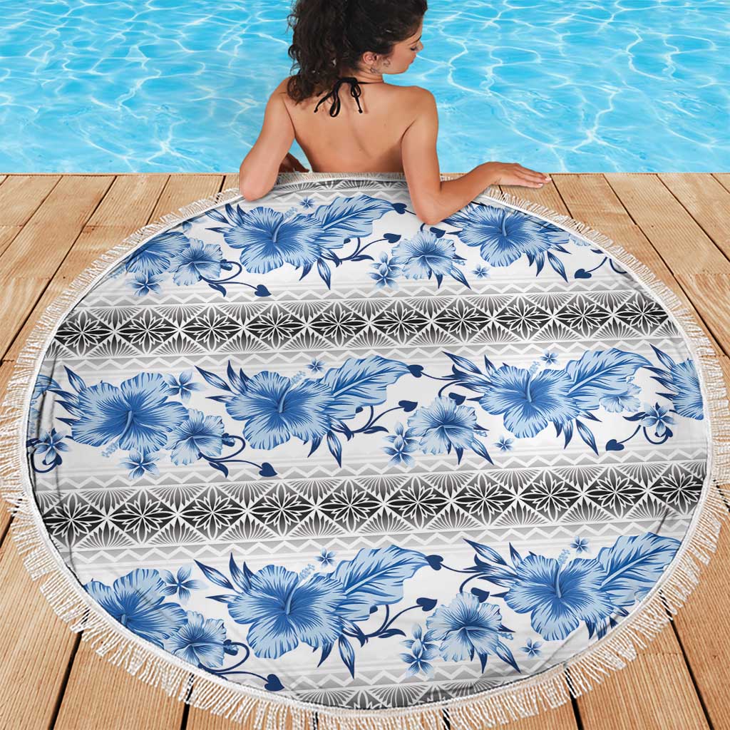 Samoa White Sunday Beach Blanket Samoan Tapa Blue Hibiscus - Polynesian Pride