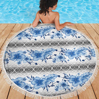 Samoa White Sunday Beach Blanket Samoan Tapa Blue Hibiscus - Polynesian Pride