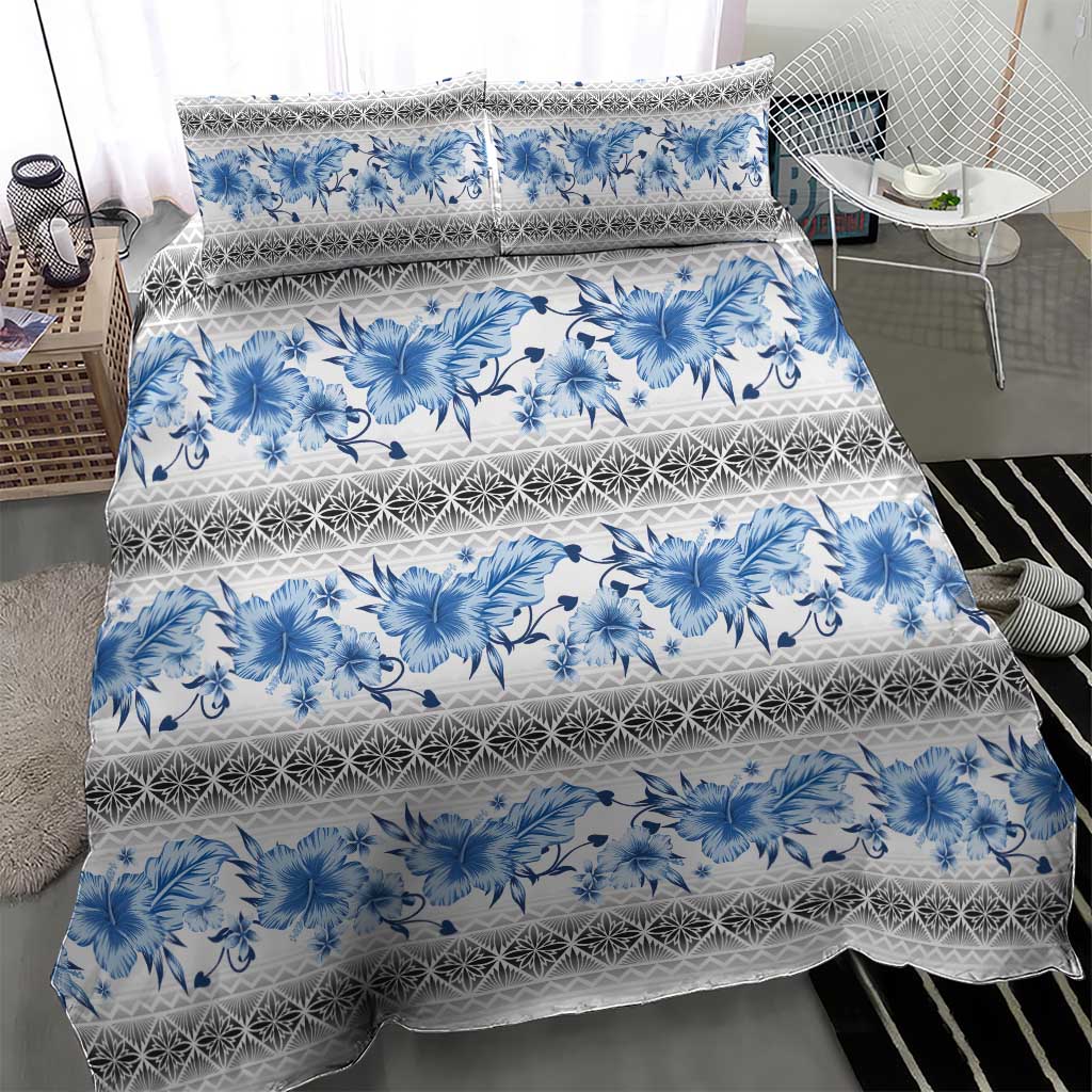 Samoa White Sunday Bedding Set Samoan Tapa Blue Hibiscus - Polynesian Pride