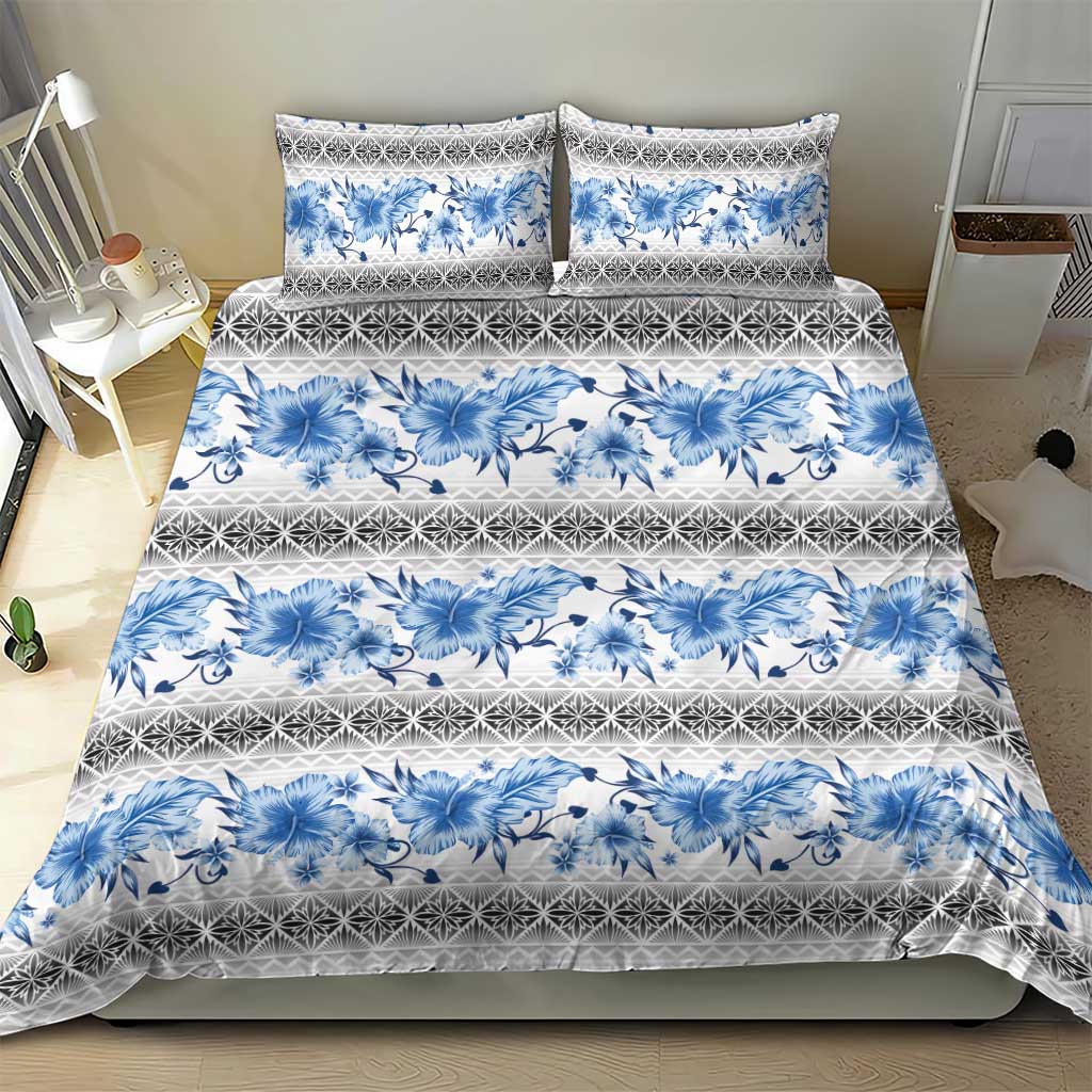 Samoa White Sunday Bedding Set Samoan Tapa Blue Hibiscus - Polynesian Pride