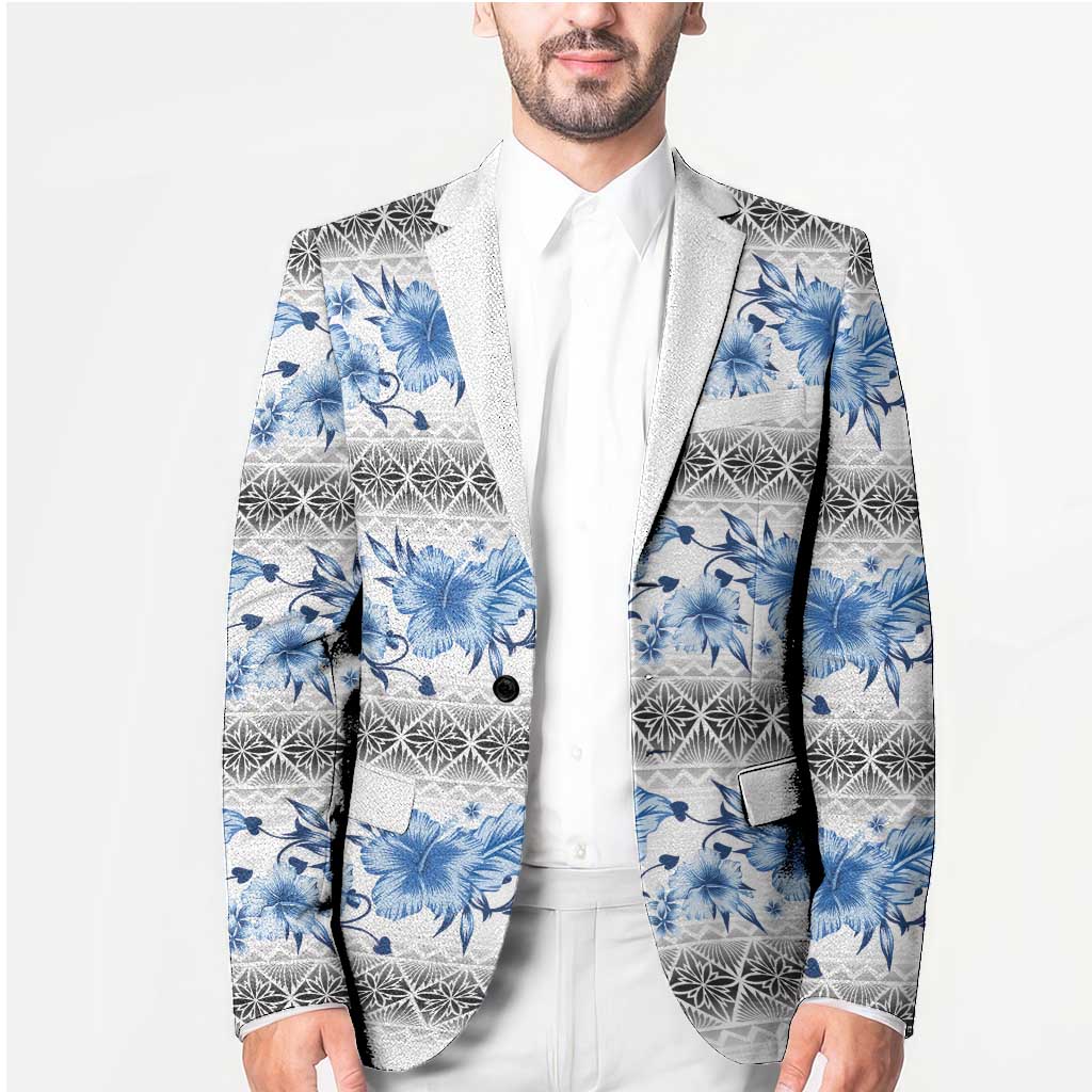 Samoa White Sunday Blazer Samoan Tapa Blue Hibiscus LT05 - Polynesian Pride