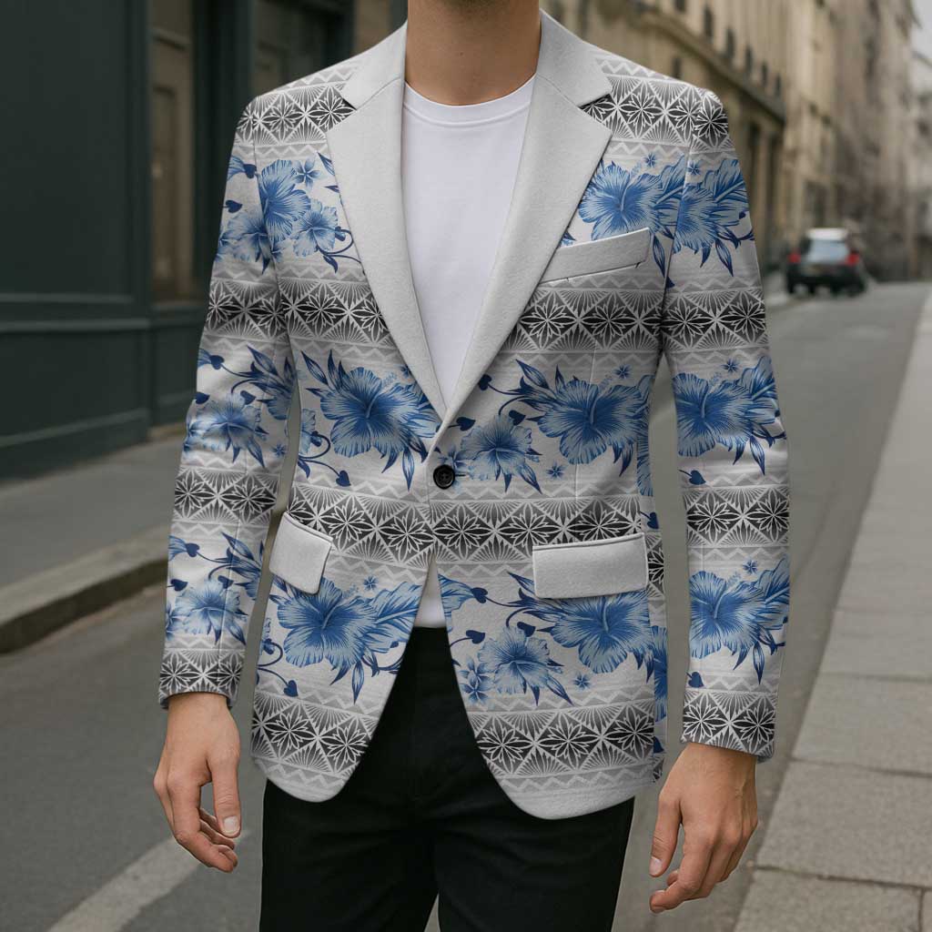 Samoa White Sunday Blazer Samoan Tapa Blue Hibiscus LT05 - Polynesian Pride