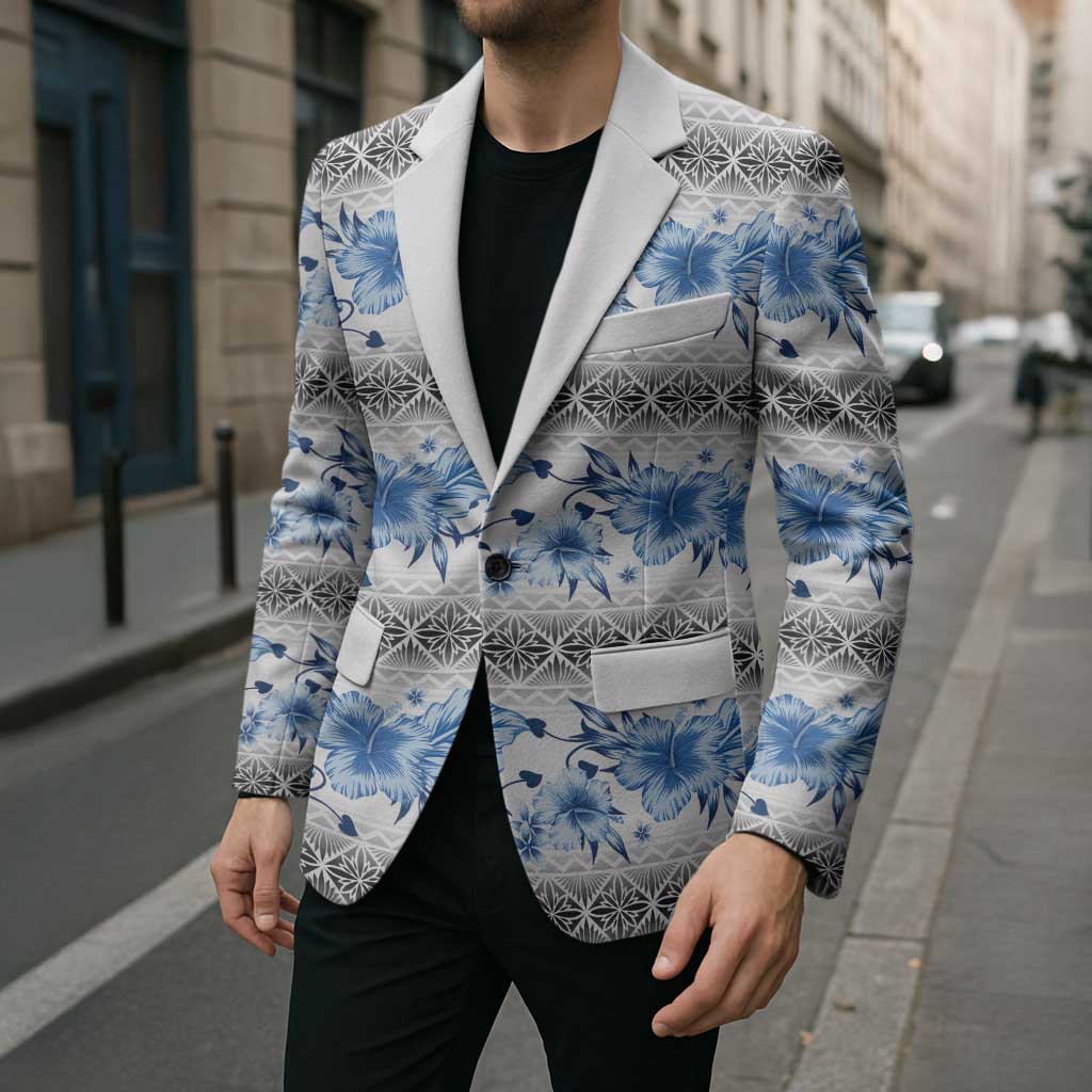 Samoa White Sunday Blazer Samoan Tapa Blue Hibiscus LT05 - Polynesian Pride