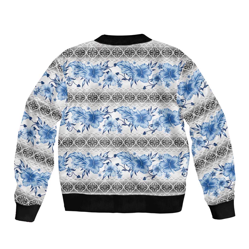 Samoa White Sunday Bomber Jacket Samoan Tapa Blue Hibiscus - Polynesian Pride