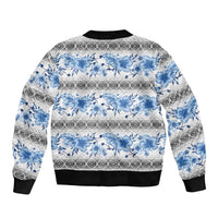 Samoa White Sunday Bomber Jacket Samoan Tapa Blue Hibiscus - Polynesian Pride