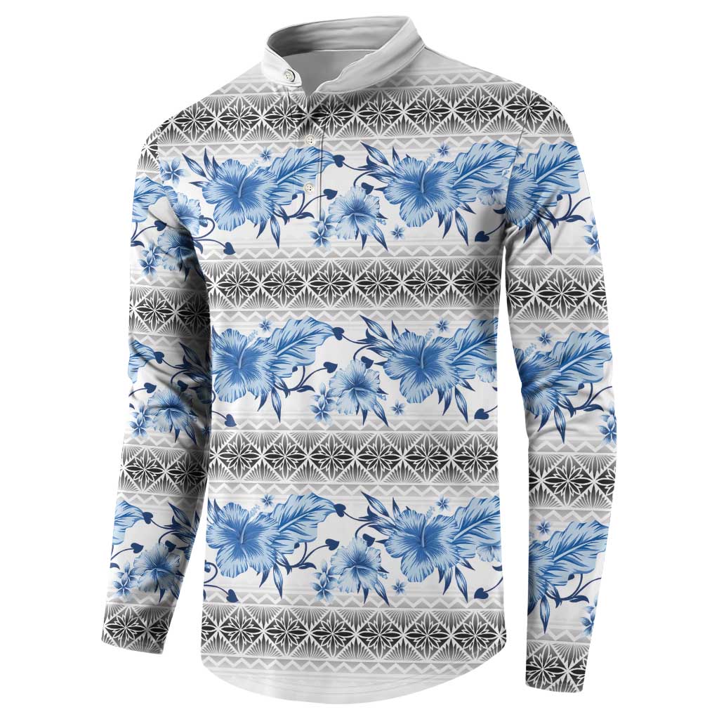 Samoa White Sunday Button Sweatshirt Samoan Tapa Blue Hibiscus - Polynesian Pride