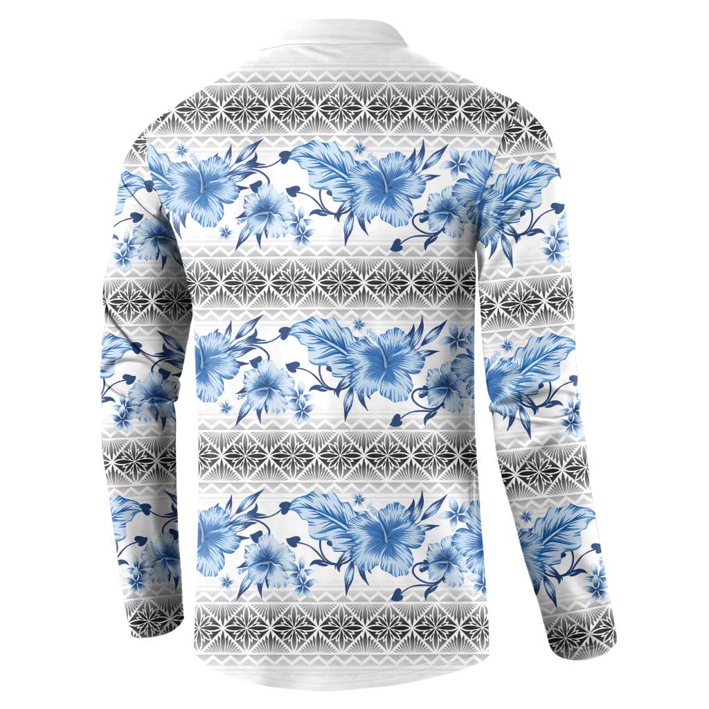 Samoa White Sunday Button Sweatshirt Samoan Tapa Blue Hibiscus - Polynesian Pride