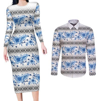 Samoa White Sunday Couples Matching Long Sleeve Bodycon Dress and Long Sleeve Button Shirt Samoan Tapa Blue Hibiscus - Polynesian Pride