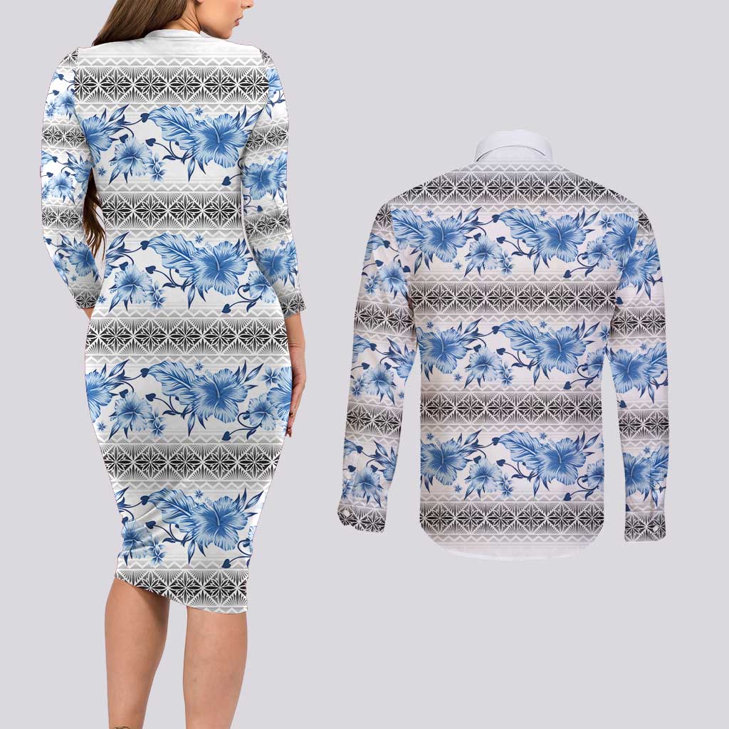 Samoa White Sunday Couples Matching Long Sleeve Bodycon Dress and Long Sleeve Button Shirt Samoan Tapa Blue Hibiscus - Polynesian Pride