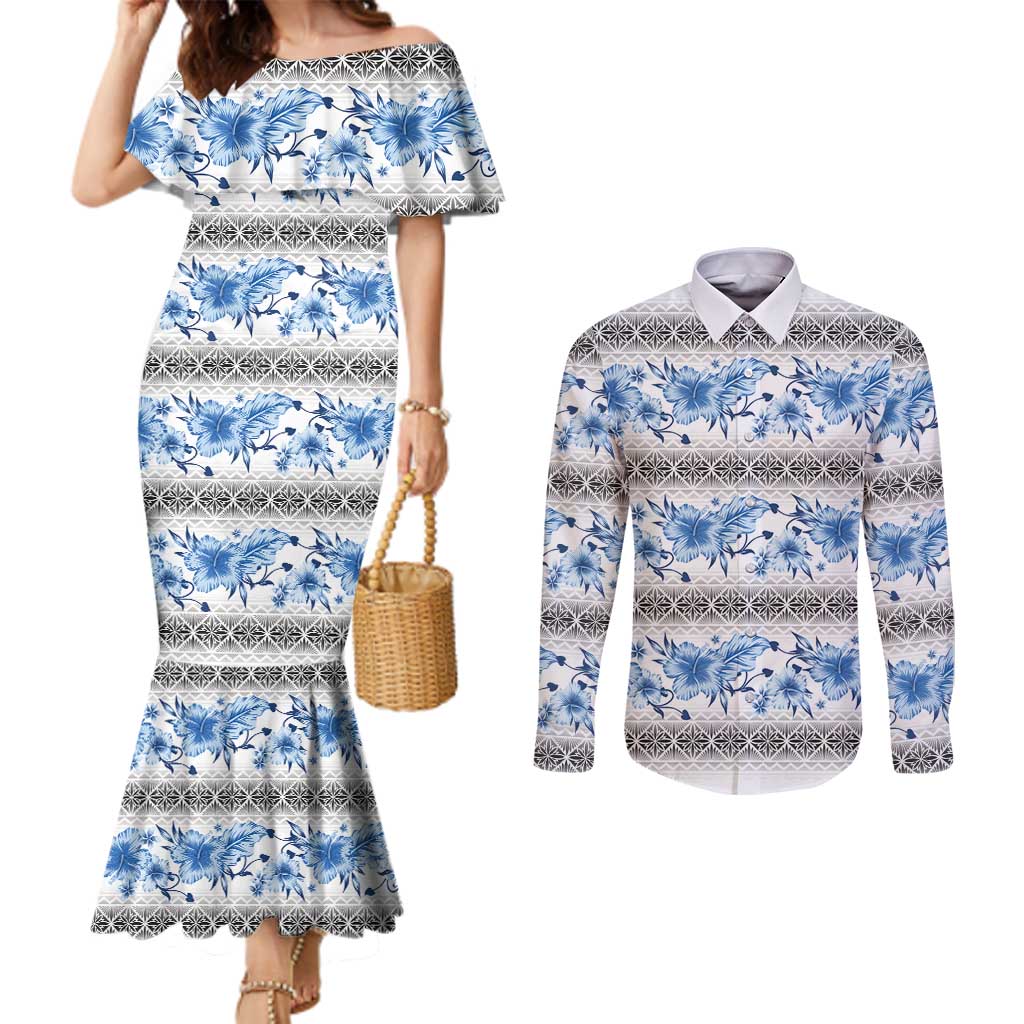 Samoa White Sunday Couples Matching Mermaid Dress and Long Sleeve Button Shirt Samoan Tapa Blue Hibiscus - Polynesian Pride