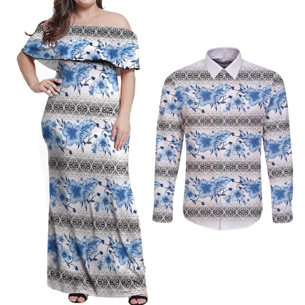 Samoa White Sunday Couples Matching Off Shoulder Maxi Dress and Long Sleeve Button Shirt Samoan Tapa Blue Hibiscus - Polynesian Pride