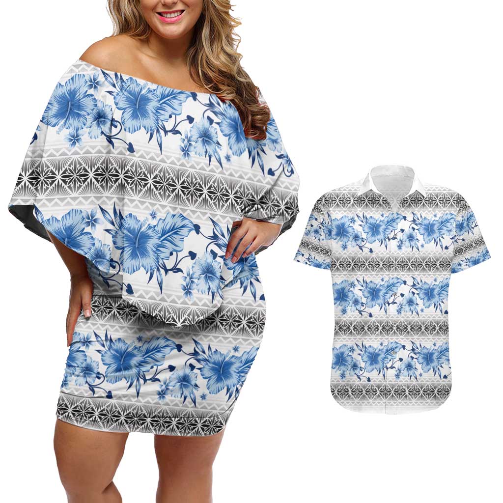Samoa White Sunday Couples Matching Off Shoulder Short Dress and Hawaiian Shirt Samoan Tapa Blue Hibiscus - Polynesian Pride