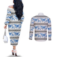 Samoa White Sunday Couples Matching Off The Shoulder Long Sleeve Dress and Long Sleeve Button Shirt Samoan Tapa Blue Hibiscus - Polynesian Pride