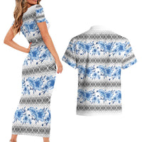 Samoa White Sunday Couples Matching Short Sleeve Bodycon Dress and Hawaiian Shirt Samoan Tapa Blue Hibiscus - Polynesian Pride