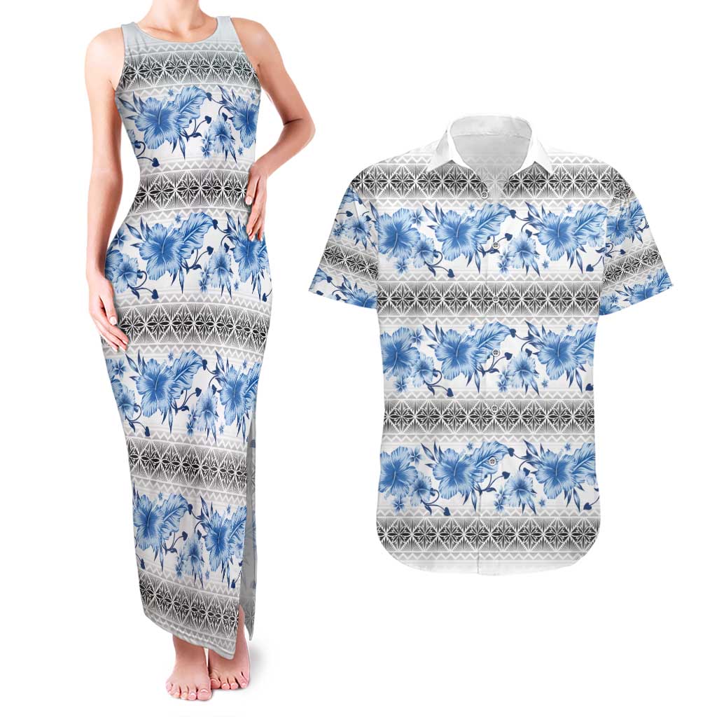 Samoa White Sunday Couples Matching Tank Maxi Dress and Hawaiian Shirt Samoan Tapa Blue Hibiscus - Polynesian Pride
