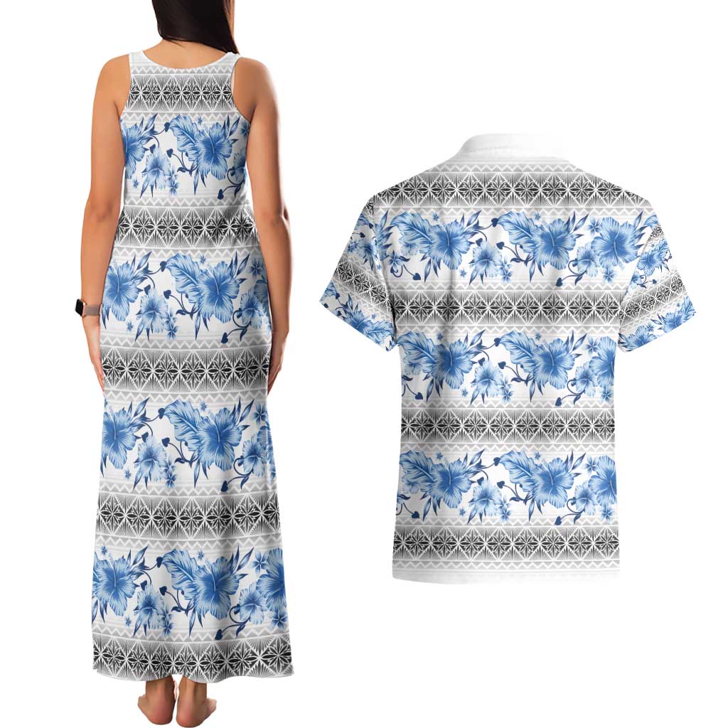 Samoa White Sunday Couples Matching Tank Maxi Dress and Hawaiian Shirt Samoan Tapa Blue Hibiscus - Polynesian Pride