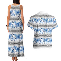 Samoa White Sunday Couples Matching Tank Maxi Dress and Hawaiian Shirt Samoan Tapa Blue Hibiscus - Polynesian Pride