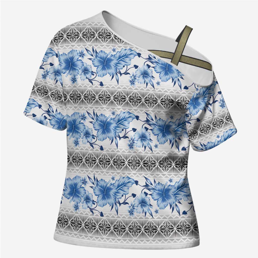 Samoa White Sunday Cross Shoulder Shirt Samoan Tapa Blue Hibiscus LT05 Female Blue - Polynesian Pride
