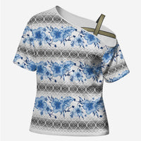 Samoa White Sunday Cross Shoulder Shirt Samoan Tapa Blue Hibiscus LT05 Female Blue - Polynesian Pride