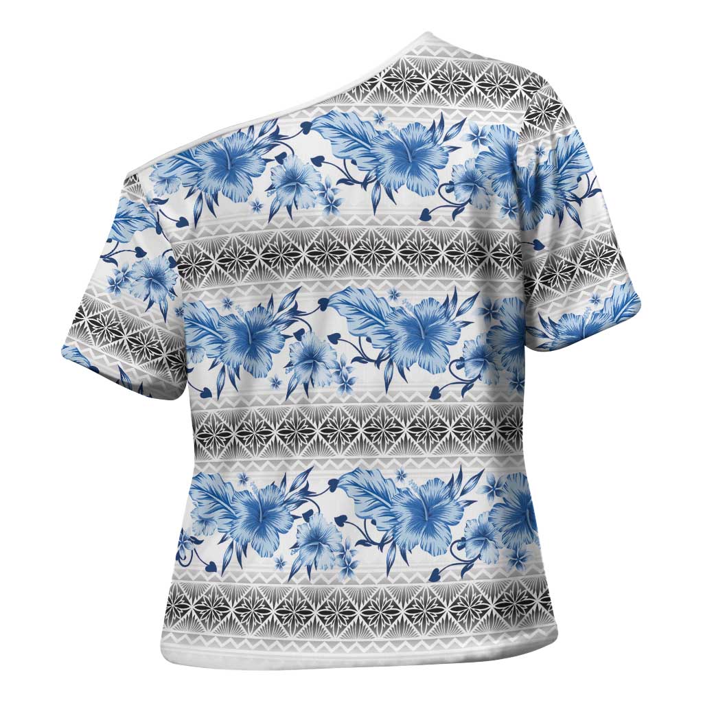 Samoa White Sunday Cross Shoulder Shirt Samoan Tapa Blue Hibiscus LT05 - Polynesian Pride