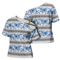Samoa White Sunday Cross Shoulder Shirt Samoan Tapa Blue Hibiscus LT05 - Polynesian Pride